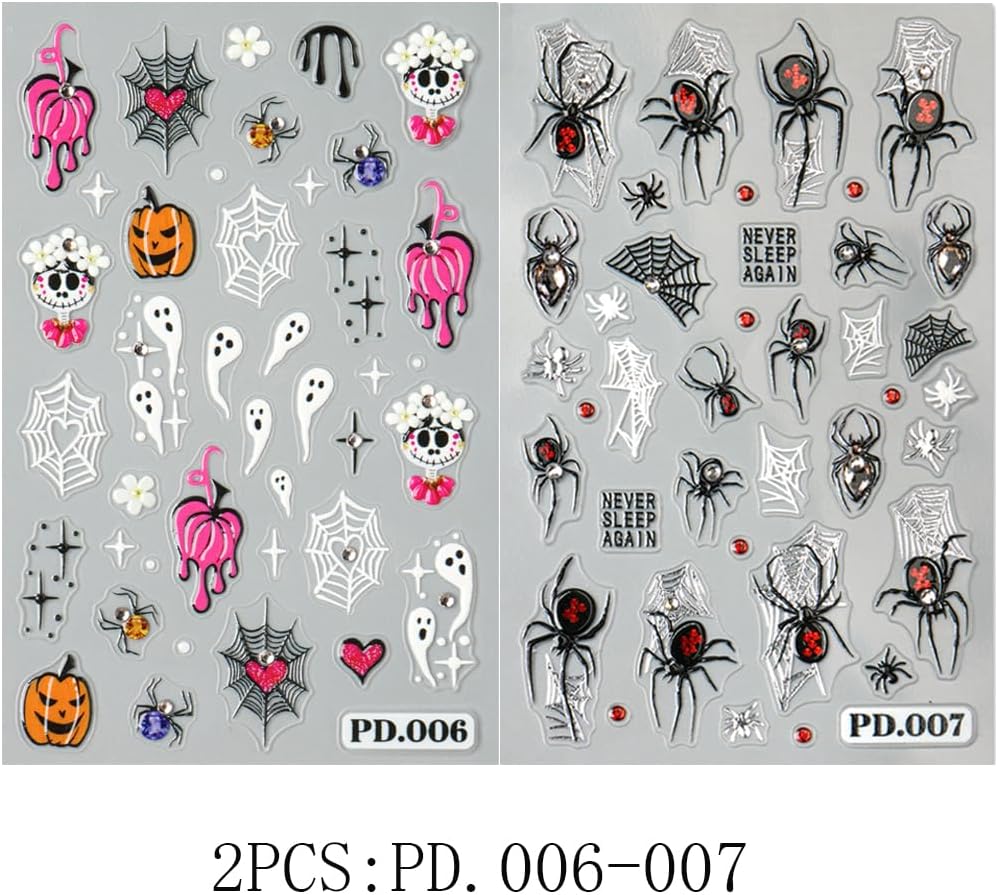 2Pcs Halloween Nail Stickers 5D Embossed Self Adhesive Day of The Dead Nail Decals with Cute Ghost Design Spider Web Pumpkin Nail Art Stickers Halloween Nail Supplies Nail Art Decoration for Women-Velvo Beauty