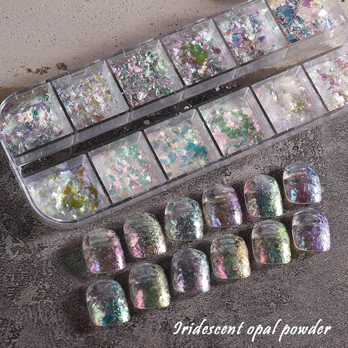 Holographic Iridescent Nail Art Nail Glitter KALEFUL Powder Aurora Foil Sequins Flakes Paillettes Designs Manicure Nail Decorations - 12 Grids-Velvo Beauty