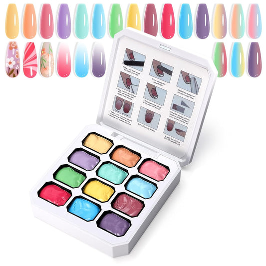 Gradient Painting Gel, 12 Bright Colors Ombre Gel Nail Polish for Pigment Pat Aura Nails, French Manicure DIY Nail Art Long-lasting No-wipe Cream Color Palette Lullaby Palette-Velvo Beauty