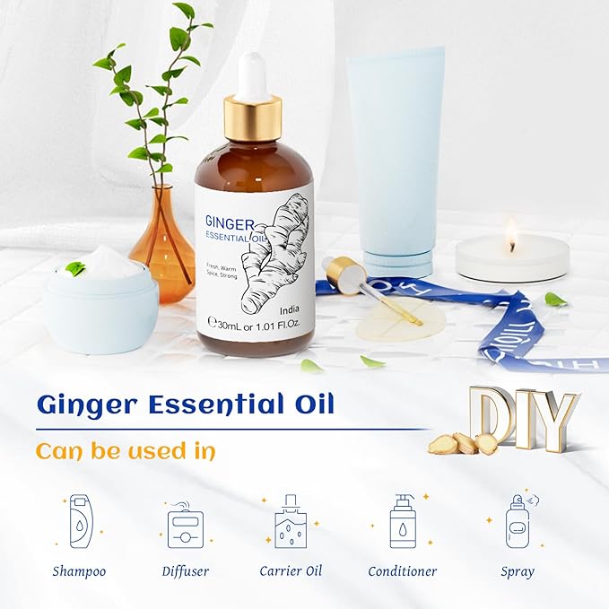 HIQILI 1 Fl Oz Ginger Oil, 100% Pure Natural Ginger Essential Oil for Hair, Massage, Skin - 30ml-Velvo Beauty