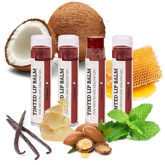 Tinted Lip Balm by Earth’s Daughter – 4 Pack of Crimson Color – Beeswax, Coconut Oil, Cocoa Butter, Vitamin E – Moisturize and Beautify – Paraben Free-Velvo Beauty