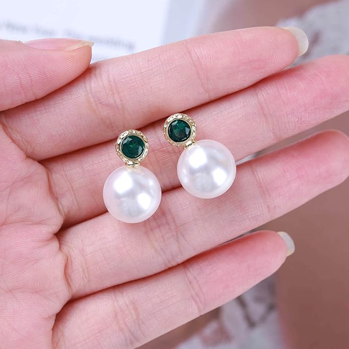Vintage Emerald Pearl Earrings Gold Pearl Drop Earrings Green Emerald Studs Earrings Rhinestone Pearl Emerald Earrings Jewelry for Women-Velvo Beauty