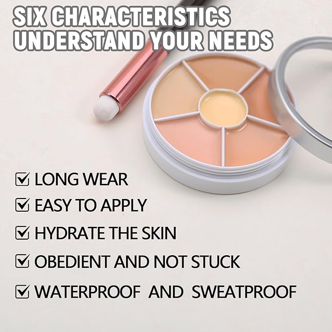 6 Colors Concealer Palette with Brush,Full Coverage,Cream Contouring Makeup Kit,Corrects Dark Circles Red Marks Scars-Velvo Beauty