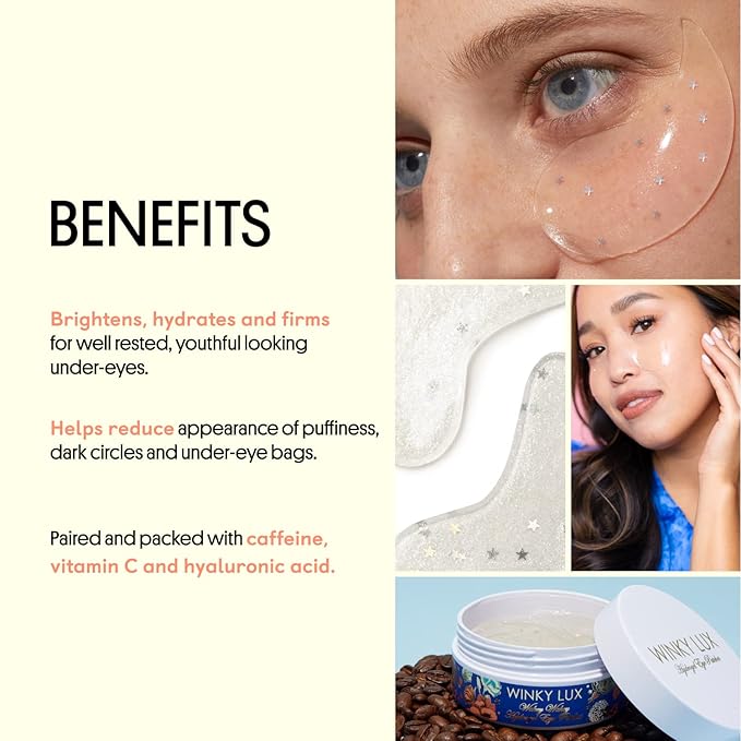 Winky Lux Wakey Wakey Hydrogel Eye Patches – Cooling Under Eye Patches for Puffiness, Dark Circles & Bags, Infused with Caffeine, Vitamin C & Hyaluronic Acid-Velvo Beauty