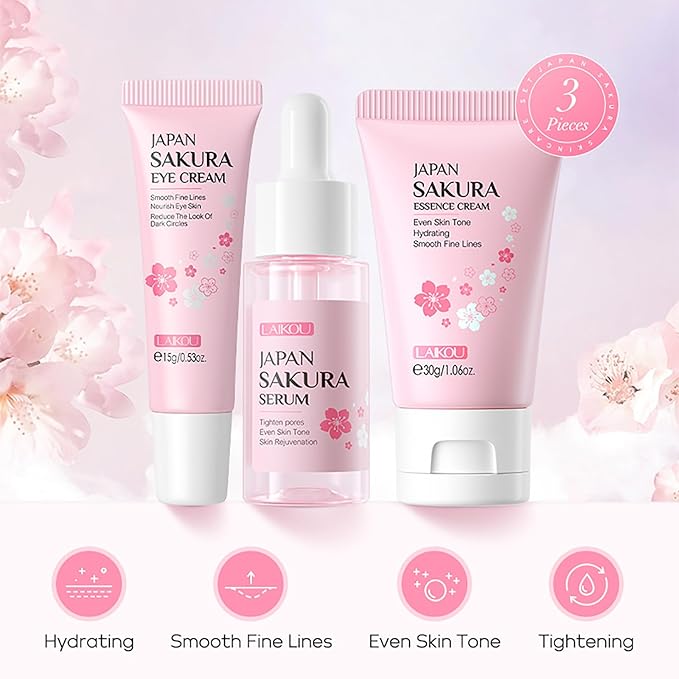 Skin Care Set JAPAN SAKURA Women Beauty Gift Sets Skin Care Kit with Serum, Eye Cream, Face Cream Travel Kit for Women Wife Mom Teen Girls TSA-friendly Sizes Birthday Gift 3pcs-Velvo Beauty