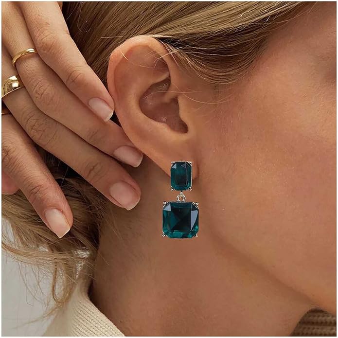 Vintage Emerald Square Earrings Green Emerald Drop Earrings Geometric Emerald Earrings Luxury Wedding Green Crystal Stud Earrings Jewelry for Women-Velvo Beauty
