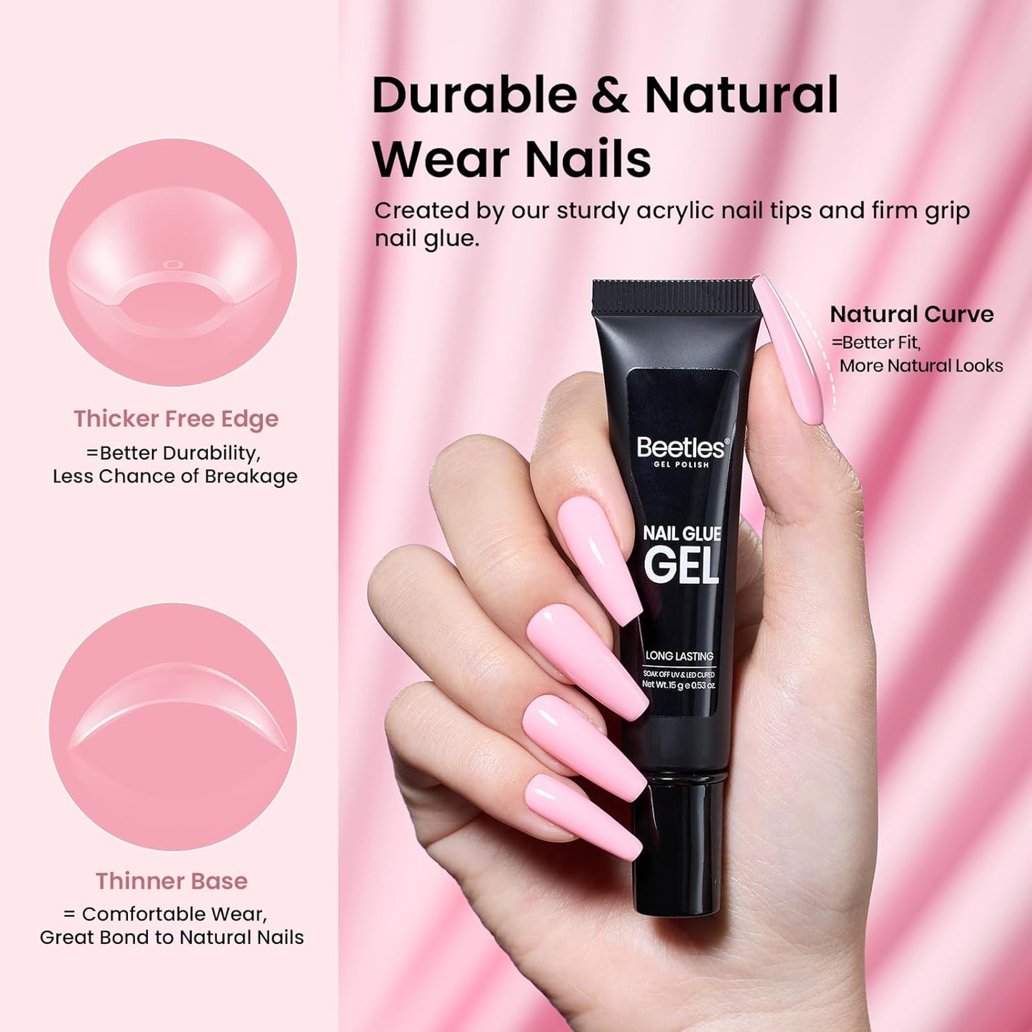 Beetles Gel Nail Kit Long Coffin with Nail Dehydrator and Primer, 576Pcs Half Matte Etch-X Gel Nail Tips Solid Nail Glue Mini Nail Lamp Acrylic Nail Tips Easy DIY Nail Extension Set Gift for Women-Velvo Beauty