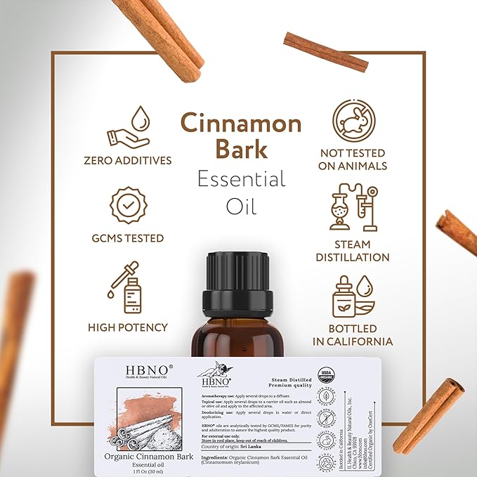 HBNO Organic Cinnamon Bark Essential Oil - 1 oz (30ml) Size - Ideal for Diffusers, Cleaning Agents, Skincare, and Haircare.-Velvo Beauty