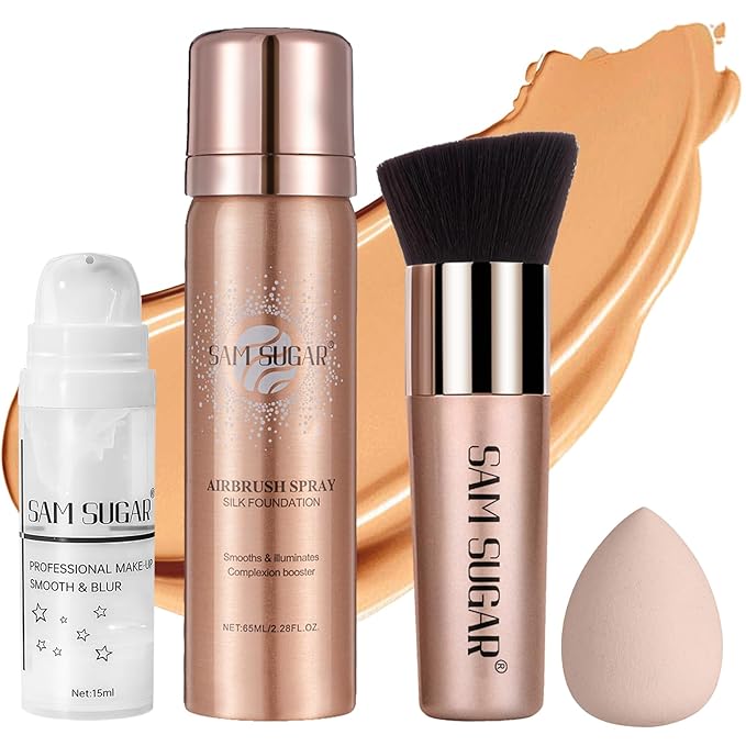 AirBrush Foundation Spray Set, Spray Foundation Makeup and Hydrating Face Primer Kit, Longwear Waterproof Liquid Matte Foundation Mist for Flawless Look, Brush and Sponge Include (#5 Warm Honey)-Velvo Beauty