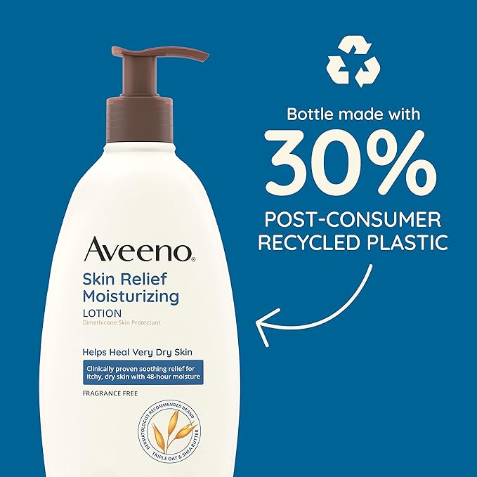 Aveeno Skin Relief Fragrance-Free Moisturizing Lotion for Sensitive Skin, with Natural Shea Butter & Triple Oat Complex, Unscented Therapeutic Body Lotion for Itchy, Extra-Dry Skin, 18 fl. oz-Velvo Beauty