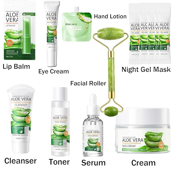 13Pcs Skin Care Products Set, Aloe Vera Skin Care Sets, Skin Care Gift Set for Women Girls, Skincare Routine Set, Face Care Kit for Dry Skin, Hydrating Moisturizer, Cleanser, Face Massage Roller-Velvo Beauty