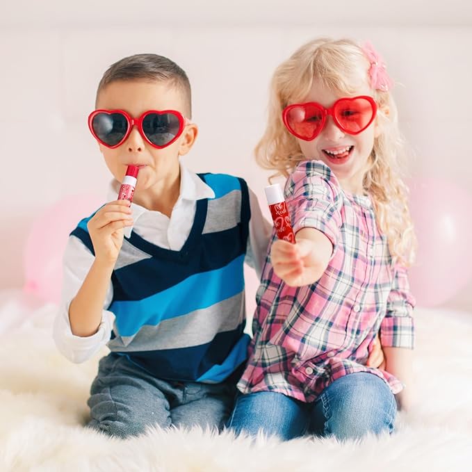 48 Pcs Valentine's Day Cherry Flavored Moisturizing Lip Balm Gloss Lipstick with 48 Pcs Valentine's Day Card Bulk Party Supplies Lip Care Gift Men Women and Children, 12 Styles-Velvo Beauty