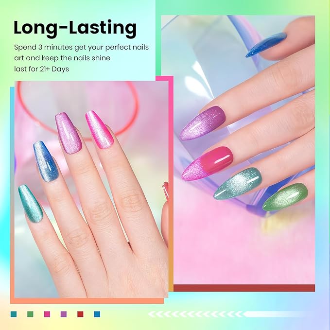 RARJSM Neon Diamond Cat Eye Gel Nail Polish Set 6 Colors Velvet Silver Glitter Bright Green Lake Blue Red Rose Purple Gel Polish with Magnet Stick UV LED Curing Requires Soak Off Home Salon Diy-Velvo Beauty