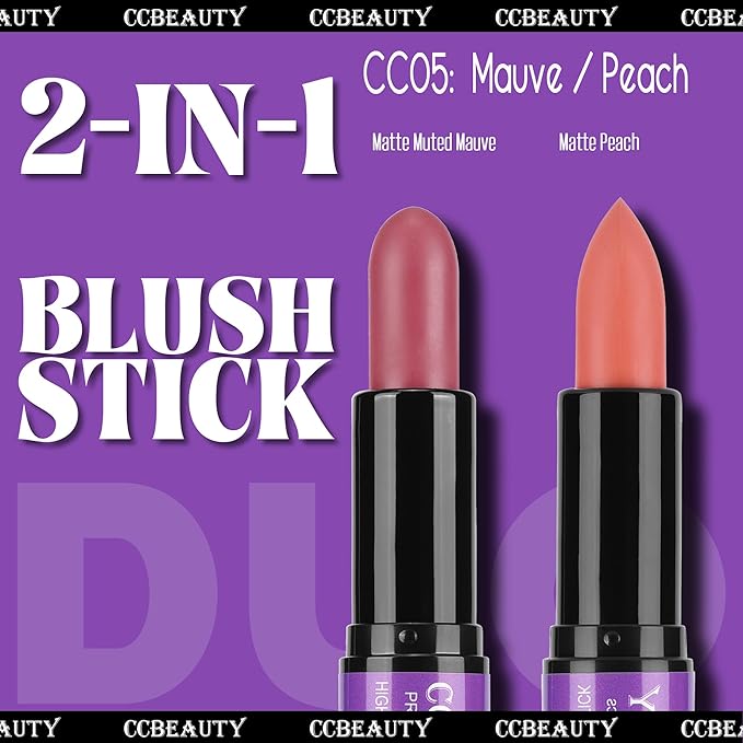 CCbeauty 2-in-1 Blush Stick for Cheeks - Cream 2 Colors Dual Blushing Makeup Stick for Cheeks, Eyes & Lips, Natural Blendable Moisturizing Long-Lasting Smooth Blushes,Peach & Muted Mauve-Velvo Beauty