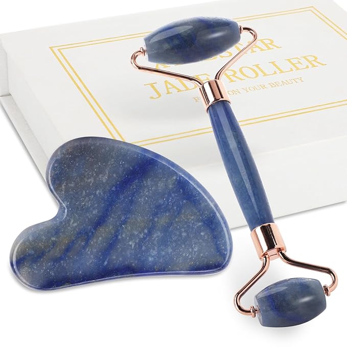 Jade Roller for Face, Facial Roller Massager Skin Care Tool, Gua Sha Facial Tools for Face, Neck, Eyes, Reduce Puffiness of The Skin(Blue)-Velvo Beauty