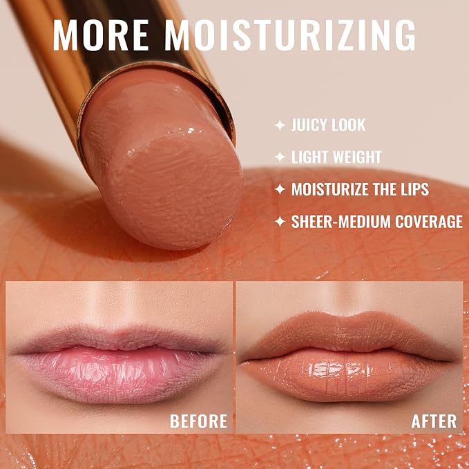 Oulac Orange Nude Shine Lipstick - Peach Moisturizing Lip Stick Glossy Tinted Lip Balm, Sheer Shine Juicy Finish, Lightweight and Hydrating Formula for Dry Lip Care, Vegan 2.2g/0.07oz (05)-Velvo Beauty