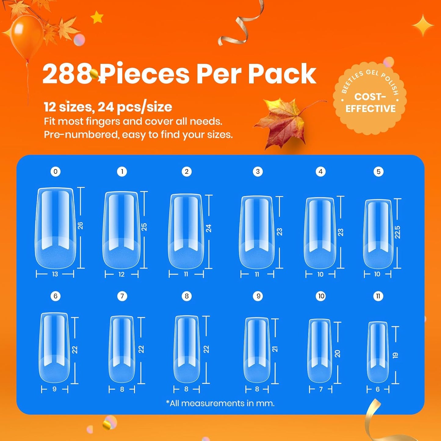 Beetles Gel Nail Tips Etch-X, Square Medium, 288Pcs 12 Sizes, Pre-Etched Half Matte Soft Acrylic False Nail Tips Full Cover Easy DIY Fake Press On Fall Nail Extension Salon Gift for Women-Velvo Beauty