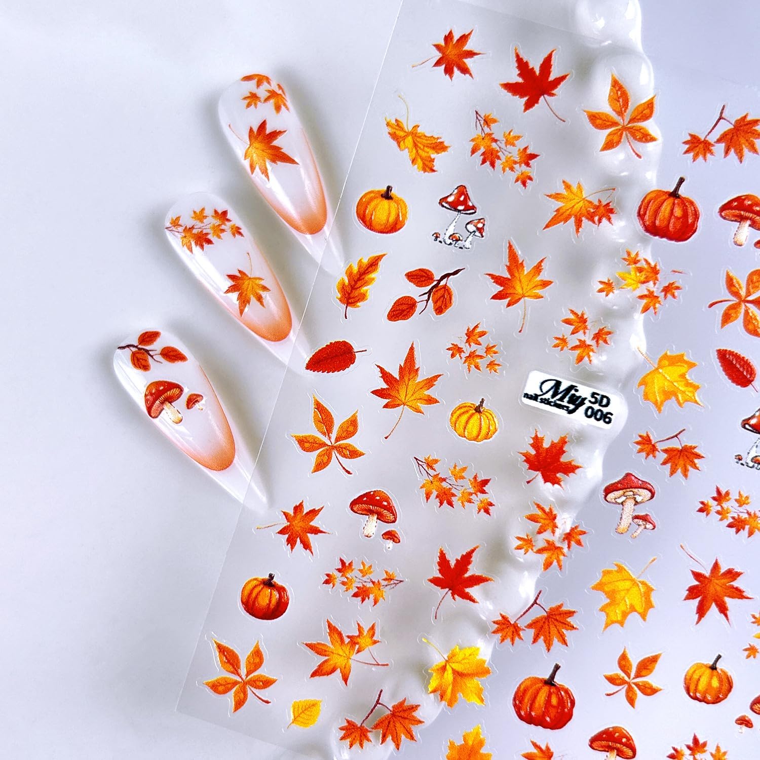 Fall Nail Art Stickers - 5D Miniature Sculpture Fall Pumpkin Nail Decals - 2PCS Manicure Maple Leaves Squirrel Mushroom Nail Art Supplies Autumn Acrylic Nail Art Decoration for Women-Velvo Beauty