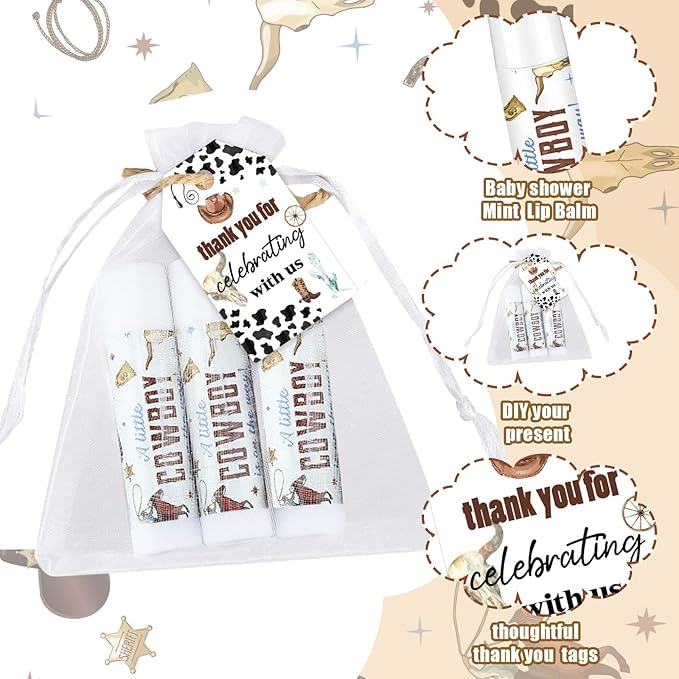 Demissle 50 Pcs Baby Shower Lip Balm Gift Set with 100 Pcs Organza Bags Baby Shower Party Favor for Guest Thank You Tag Rope Baby Shower Party Decoration Gender Reveal Souvenirs (Cowboy)-Velvo Beauty