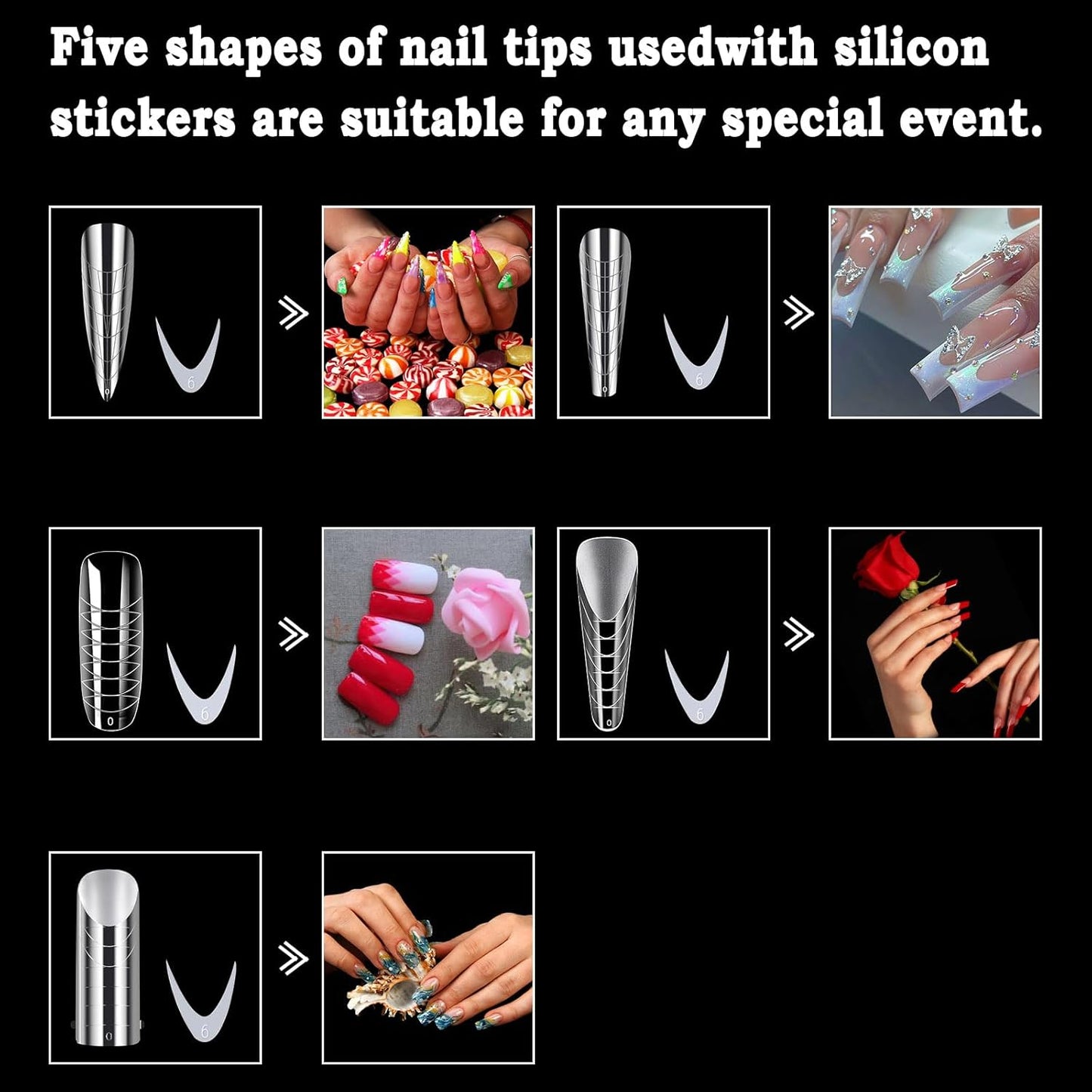 Allstarry 360pcs Nail Dual Forms, Silicone French Nail Forms for Poly Gel Nail Gel Extension Full Cover Acrylic Nail Tips 5 tpye nail form and Silicone Reusable Stickers for Nail Art Design-Velvo Beauty