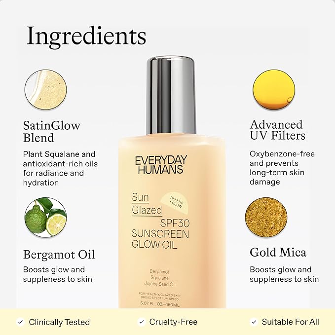 Everyday Humans Sun Glazed SPF30 Sheer Body Glow Oil with Gold Mica | Hydrating Non-Sticky Glowing UV Protection Cruelty Free 5.1 Fl Oz | Bergamot, Squalane, Jojoba Seed Oil | UVA/UVB Broad Spectrum-Velvo Beauty