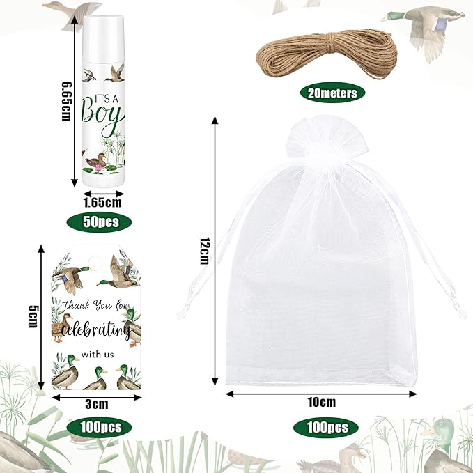 Demissle 50 Pcs Baby Shower Lip Balm Gift Set with 100 Pcs Organza Bags Baby Shower Party Favor for Guest Thank You Tag Rope Baby Shower Party Decoration Gender Reveal Souvenirs (Mallard)-Velvo Beauty