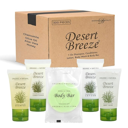 Desert Breeze Hotel Soaps and Toiletries Bulk Set | 1oz Hotel Shampoo & Conditioner, Body Wash, Body Lotion & Bar Soap | Travel Size Toiletries 300 Pieces-Velvo Beauty