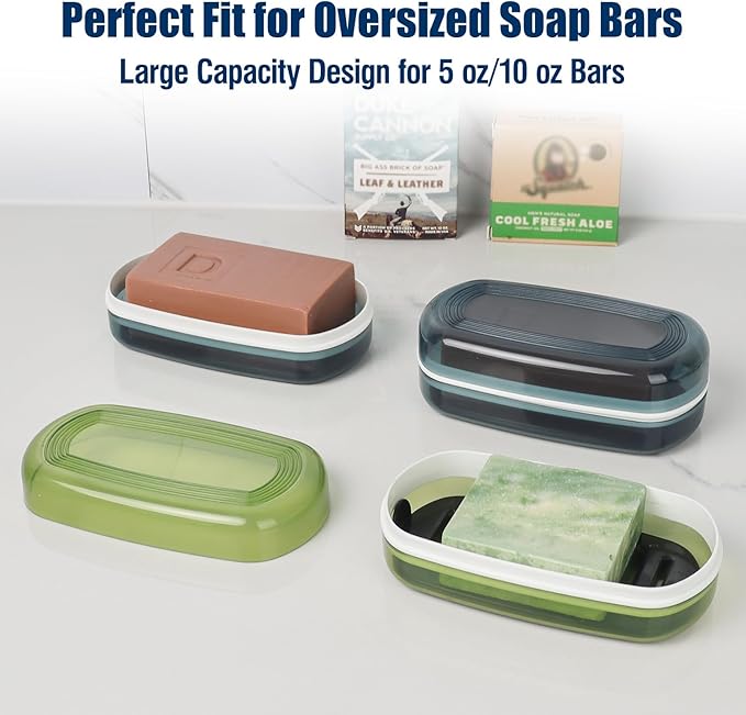 Shampoo Bar Holder Travel Case, Large Soap Holder for 5 oz/10 oz Oversized Bars, Durable & Versatile Storage Soap Container with Drainage Layer (Green Style A-Large)-Velvo Beauty