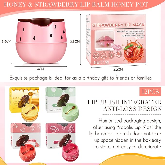 12 Pcs Bee Lip Balm Honey Pot with Brush Propolis Lip Mask Overnight, Moisturizing Hydrating Lip Sleeping Mask Prevention Dry and Cracked(Honey+Strawberry+Watermelon+Apple Lime+Cherry)-Velvo Beauty
