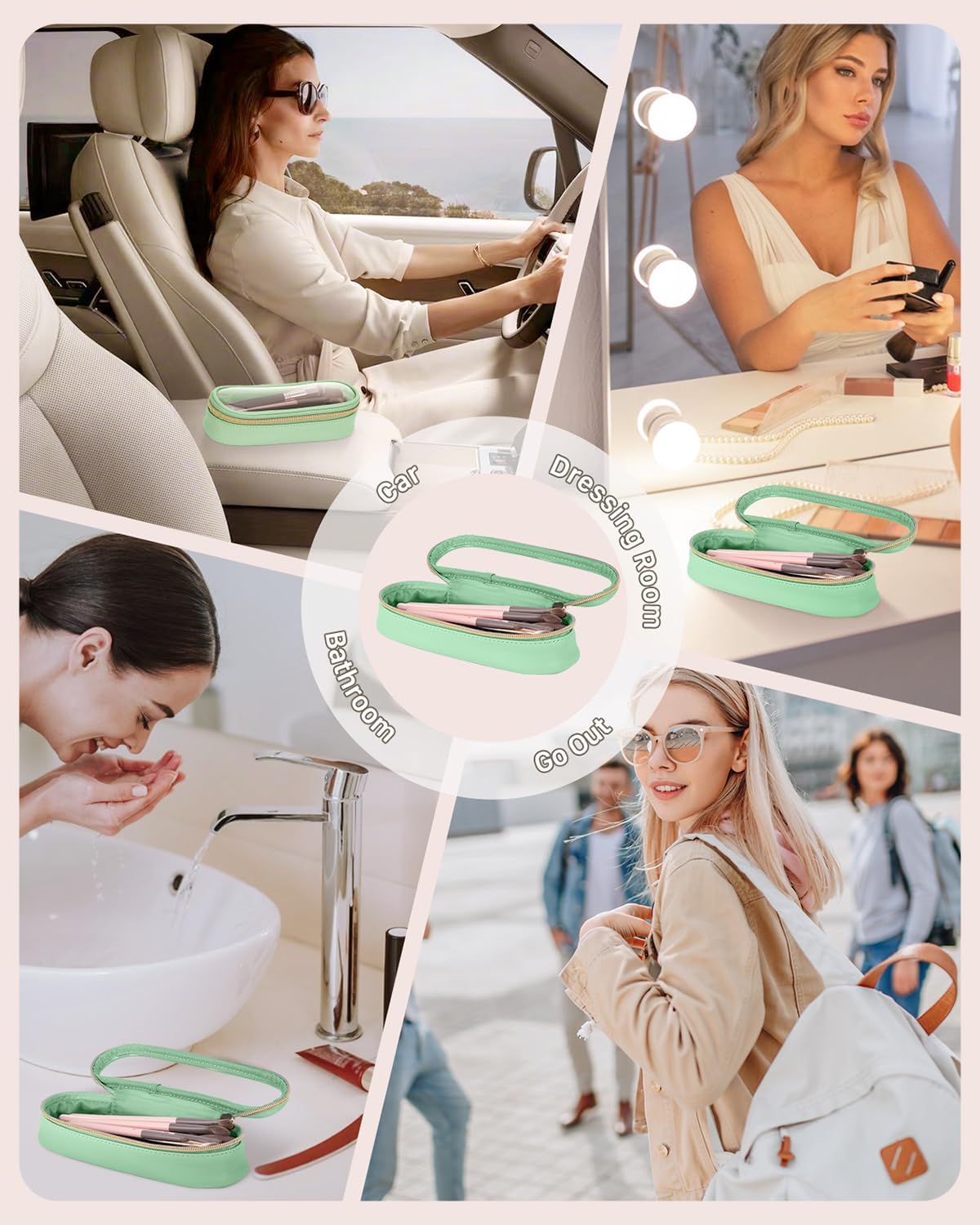 Clear Travel Makeup Brush Holder, Leather Makeup Brush Toiletry Bag, Portable Cosmetic Brush Case, Transparent Waterproof Makeup Brush Storage Bag, Mint Green-Velvo Beauty