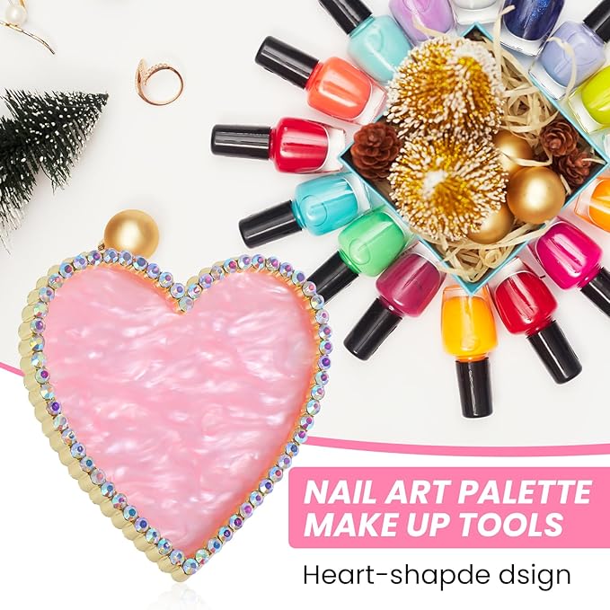 Sibba Resin Nail Art Palette, Golden Edge Nail Mixing Palette with Diamond, Polish Color Mixing Plate, Nail Holder Display Board, Heart Shape Cosmetic Mixing Tools for Women and Girls(Pink)-Velvo Beauty