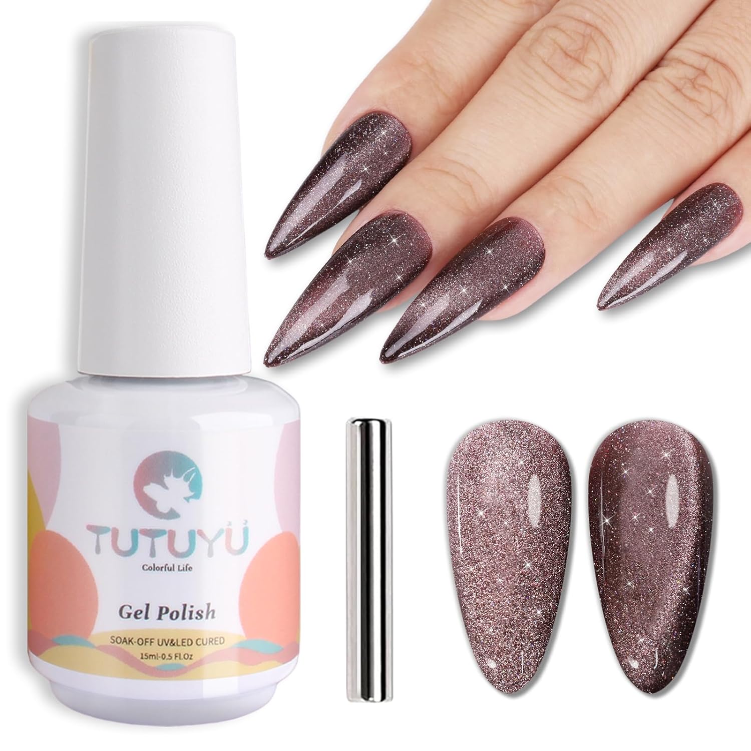 Brown Cat Eye Gel Nail Polish,Brown Reflective Holographic Shimmer Cateye Gel Polish with Magnet,Silver Shimmer Velvet Soak Off Uv Led Home Diy Manicure,Fall Winter Colors GP0104-Velvo Beauty