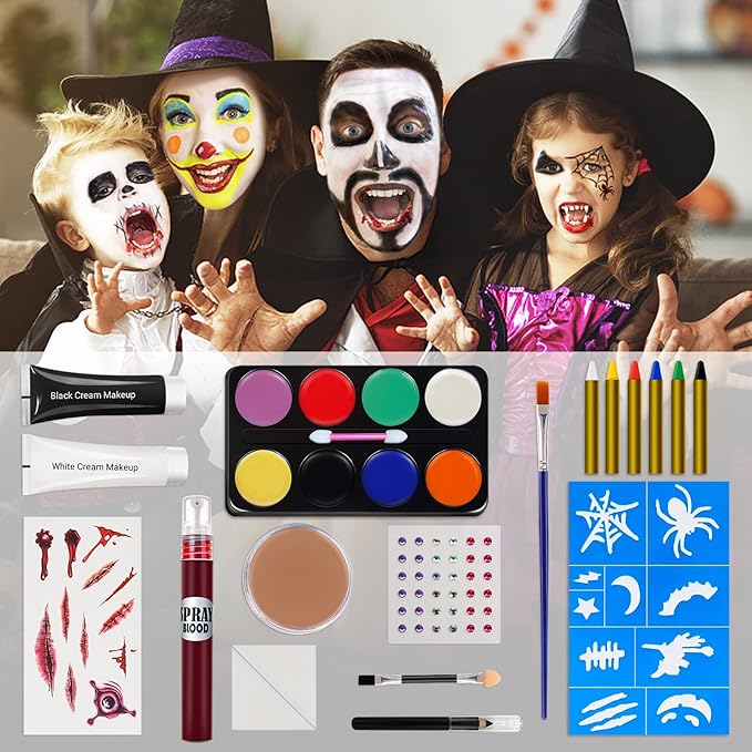 Halloween Makeup Kit, White Black Skeleton Face Paint, Clown Witch Makeup Palette, Vampire Zombie Makeup Kids Adult Special Effects: Fake Blood Scar Wax Tattoos Stencils Crayons Set-Velvo Beauty