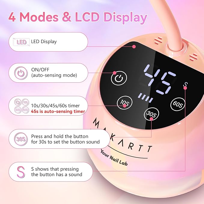 Makartt UV LED Nail Lamp - Gooseneck UV Light for Nails Cordless Rechargeable USB 39W Dryer LED Lamp with Auto Sensor 4 Timer Settings Fast Curing for Nail Art Polish (Glazed Pink)-Velvo Beauty