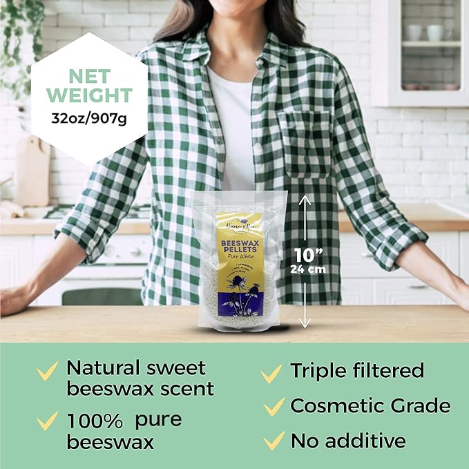 HUNNYBEE Beeswax Pellets 2LB, 100% Pure Bees Wax for DIY Candles, Skin, Body Cream, Face, and Hair Care, Lotions Deodorant, Lip Balm and Soap Making (Yellow, 2 lbs)-Velvo Beauty