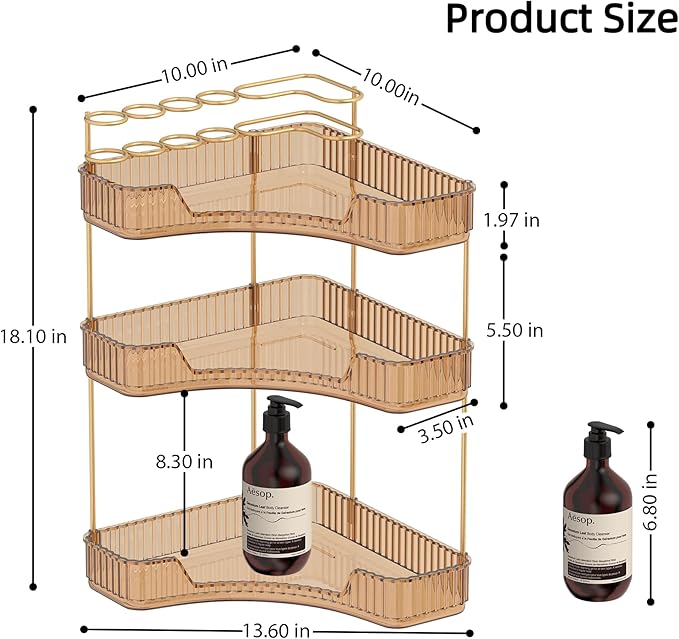 Corner Bathroom Counter Organizer with Top Toothbrush Holders, 3-Tier Make Up Organizers for Vanity with Brush Holder, Corner Storage for Bathroom, Kitchen, Dresser-Velvo Beauty