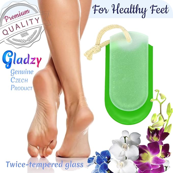 Genuine Czech Glass Foot File by GLADZY - Gentle Callus Remover Foot Rasp, Pedicure & Spa Rough Skin Scrubber, Two-Sided Etched Different Grit Surface, Professional Toenail & Heels Care, Made in EU-Velvo Beauty