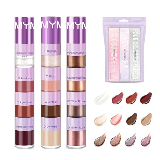 3 Pcs Cosmetic Sets 12 colors 4-Function cosmetic stick +Nonstick Raincoat Lip Gloss（3 colors+Clear Lip Gloss）+Liquid Eyeshadow in Four Colors Sets Waterproof-Velvo Beauty