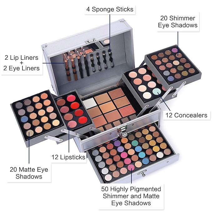 132 Color All In One Makeup Gift Set Kit- Includes 94 Eyeshadow, 12 Lip Gloss, 12 Concealer, 5 Eyebrow powder, 3 Face Powder, 3 Blush, 3 Contour Shade, 2 Lip Liners, 2 Eye Liners, 4 Eyeshadow Brush-Velvo Beauty