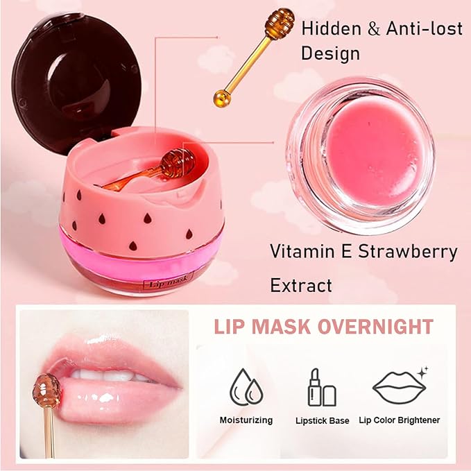 4 PCS Bee Lip Balm Lip Mask Honey Pot,Honey&Strawberry&Watermelon&Apple Lime Lip Sleeping Mask,Moisturizing Lip Mask Overnight Prevention Dry and Cracked Lip Scrubs Exfoliator Lip Care-Velvo Beauty