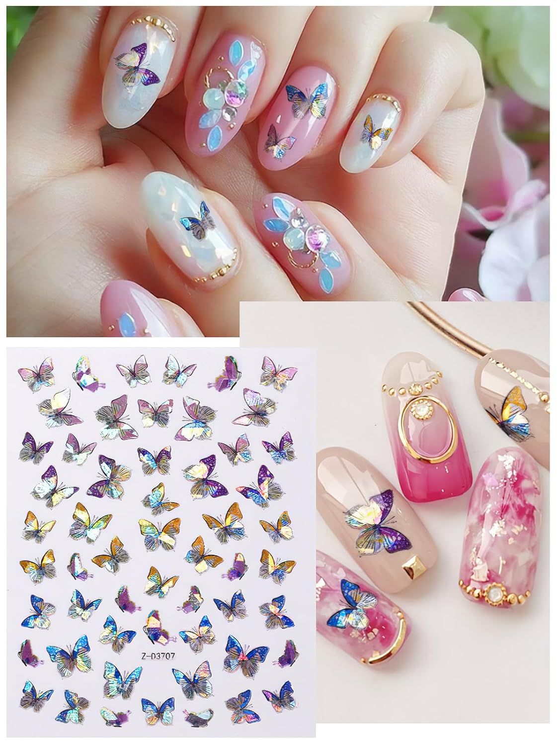 TOROKOM 12 Sheets Butterfly Nail Art Stickers, 3D Self-Adhesive Nail Decals with Colorful Laser Butterflies Designs for DIY Manicure Decor-Velvo Beauty