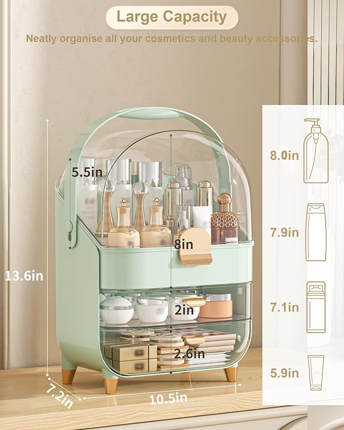 Makeup Organizer, Skincare Holder Bathroom Counter Organizer, Storage Box Cosmetic Display Cases, Teen Girl Gifts Trendy Stuff Make up Organizers for Vanity, Dresser, Countertop (Green)-Velvo Beauty