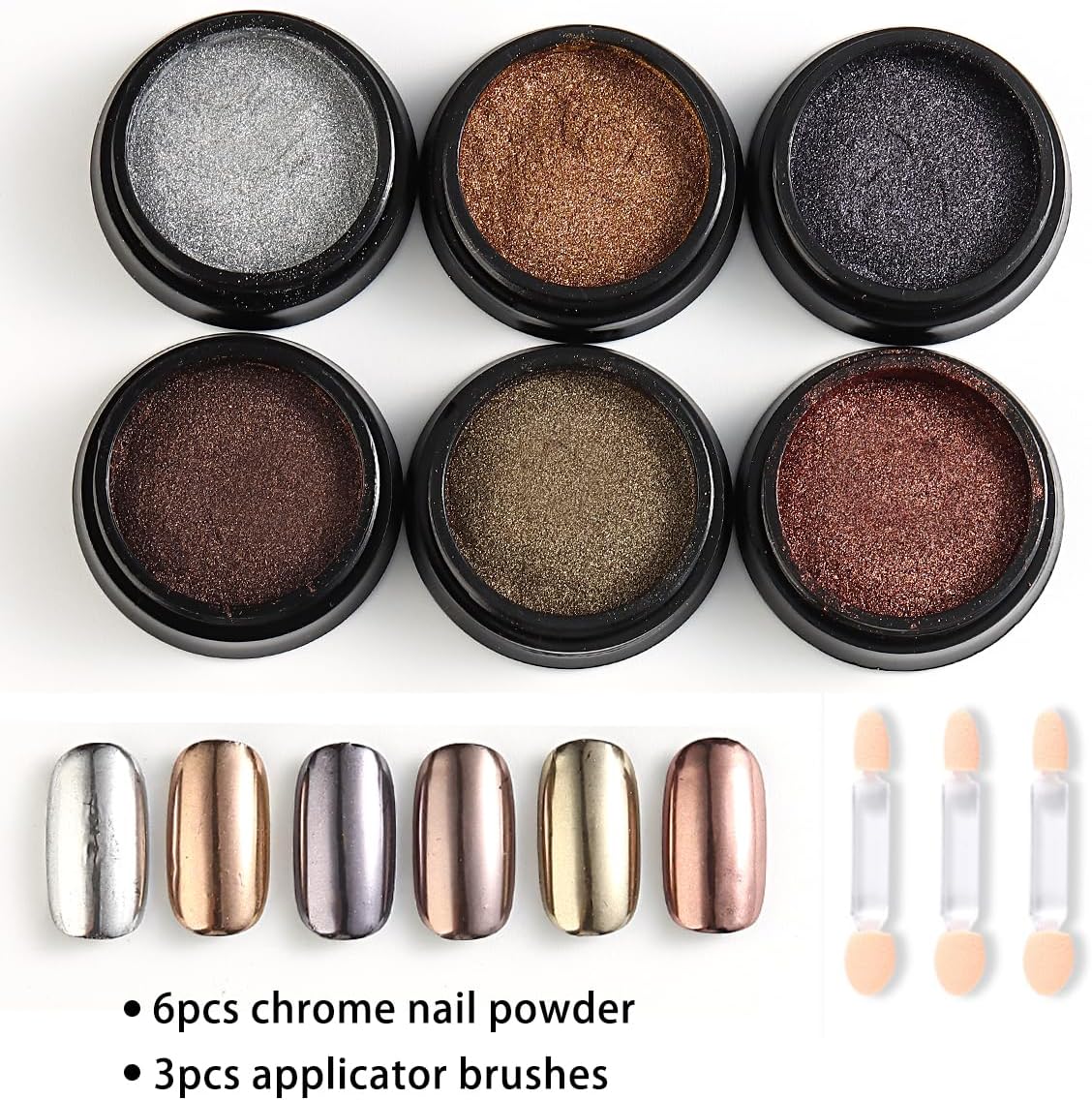 Chrome Nail Powder Set - 6 Colors Rose Gold Bronze Black Chrome Nail Powder, Mirror Effect for Nails, Metallic Rubbing Dust Chameleon Glitter Pigment Flakes, Manicure Salon Supplies-Velvo Beauty