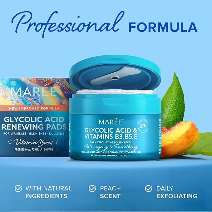 MAREE Glycolic Acid Pads - Toner Pads for Face Cleansing - Exfoliating Pad with Tea Tree Oil, Salicylic Acid & Vitamins E, B3, B5 - Facial Polishes & Peels, Skin Pore Resurfacing & Radiance - 50 Count-Velvo Beauty