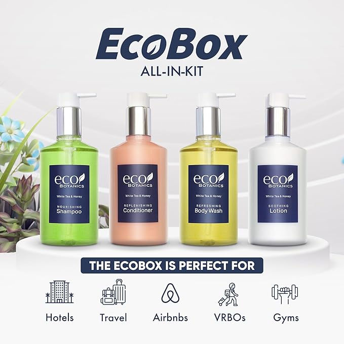 1-Shoppe Eco Botanics 20 Piece Ecobox All-In-Kit | White Tea and Honey Soap | 6 Shampoo, 4 Conditioner, 6 Body Wash & 4 Lotion | 10.14oz Hotel Soaps and Toiletries Bulk | Personal Care Products-Velvo Beauty