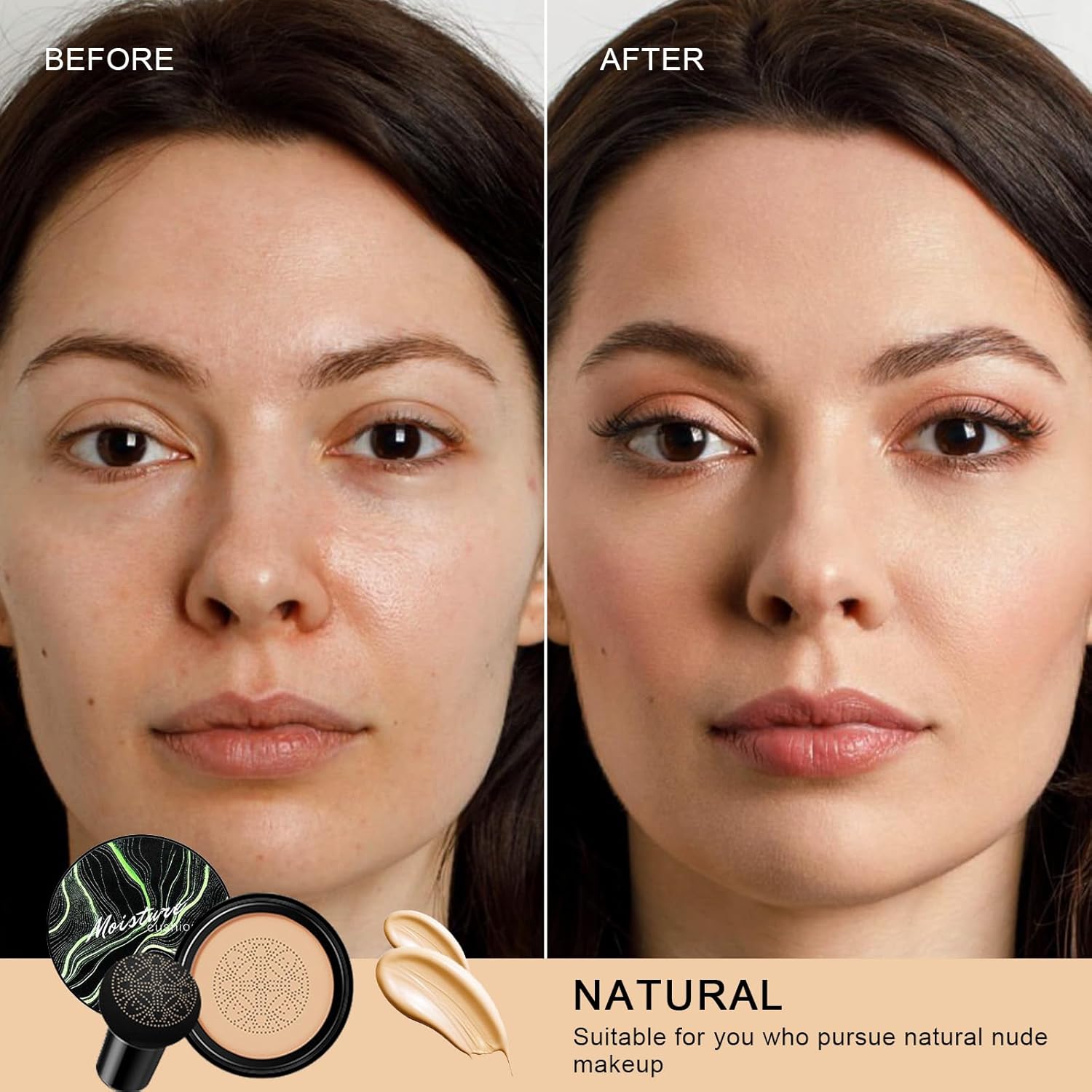 Mushroom Head Air Cushion CC Cream - BB Cream Face Makeup for Mature Skin, Moisturizing Cover Balm Foundation & Long-Lasting Color Correcting Concealer, Even Skin Tone for All Skin Types (Natural)-Velvo Beauty