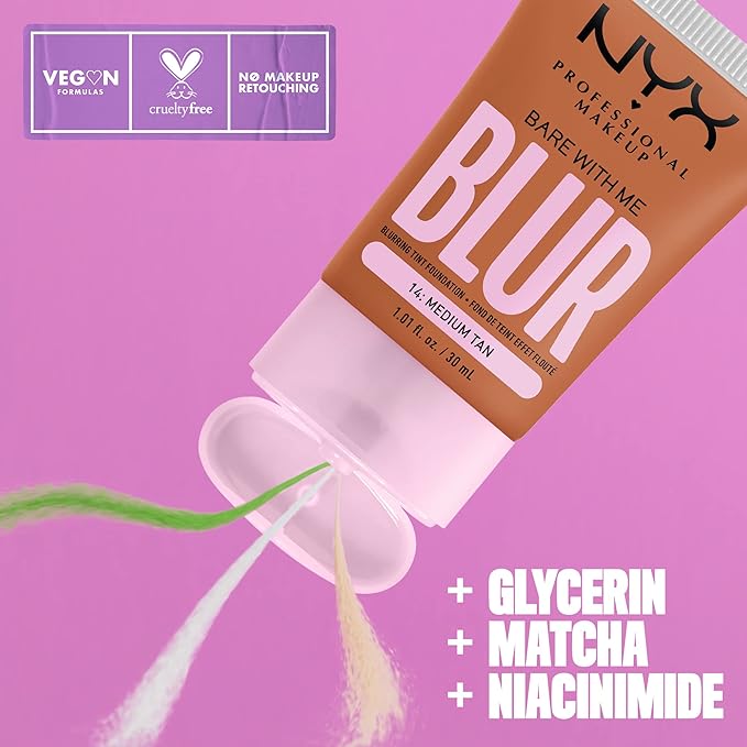 NYX PROFESSIONAL MAKEUP Bare With Me Blur Skin Tint Foundation Make Up with Matcha, Glycerin & Niacinamide - Medium Tan-Velvo Beauty