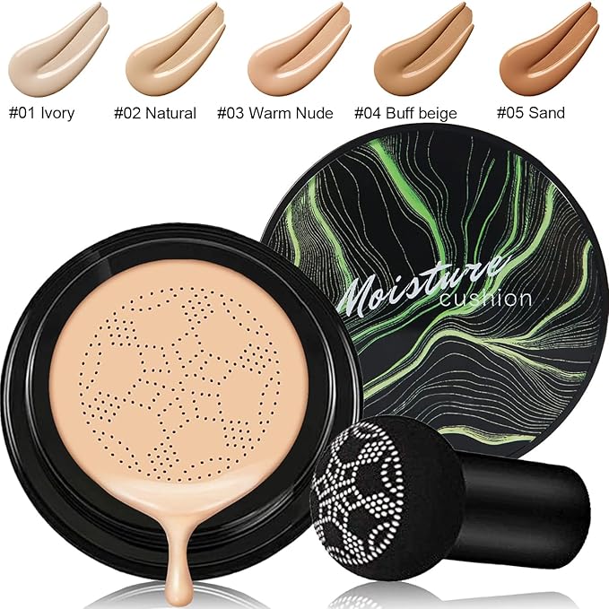 PHOERA Foundation Full Coverage Makeup, Mushroom Head Air Cushion CC Cream Natural Foundation, PHOERA Primer, PHOERA Powder, Brushes Foundation Brush,2 Makeup Sponge(102Nude+ 02Natural CC)-Velvo Beauty