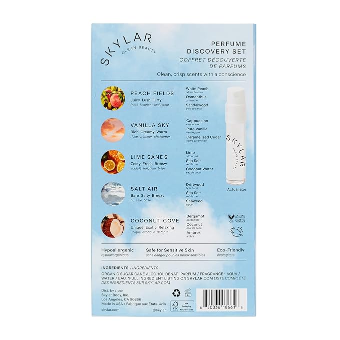 Skylar Perfume Discovery spray Sampler Set - Peach Fields, Vanilla Sky, Lime Sands, Salt Air, Coconut Cove - Hypoallergenic & Clean Perfume for Women & Men - 5 1.5mL-Velvo Beauty