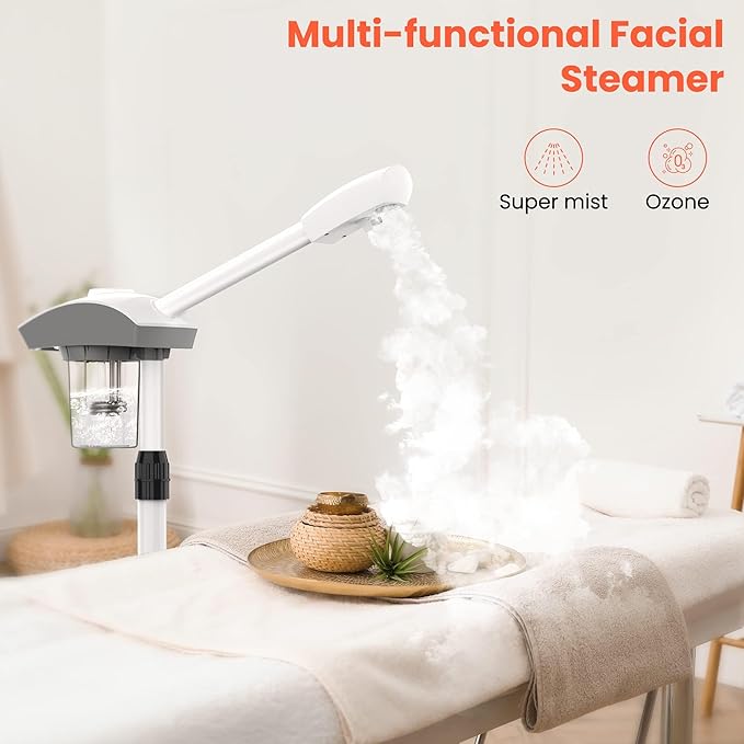 TASALON Professional Facial Steamer Machine on Wheels, Standing Esthetician Steamer with Hot Ozone Mist, Facial Be Used for Skin Rejuvenation, Steamer for Facial Used for Spa or Personal Care, White-Velvo Beauty